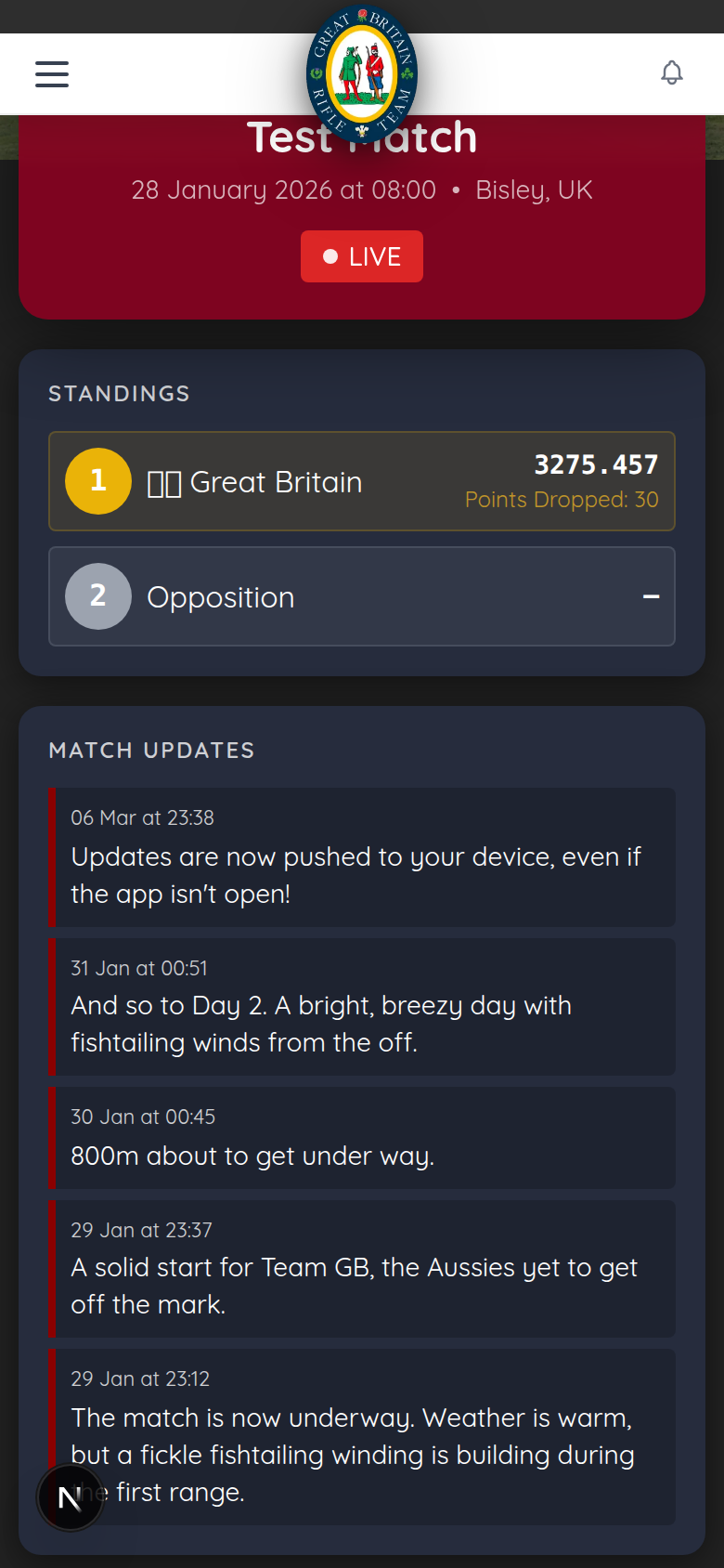 Mobile homepage showing live match section with standings and updates