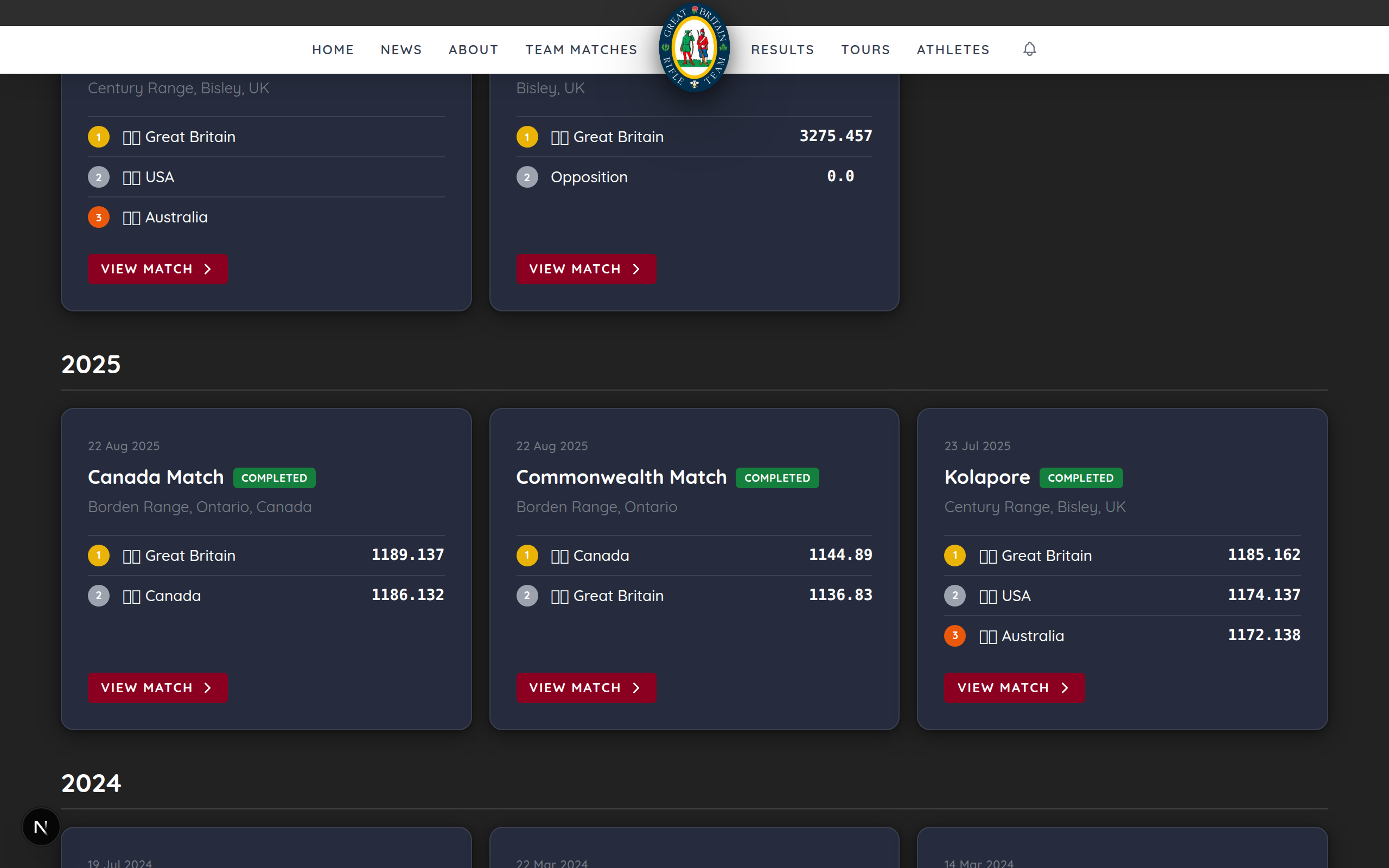 Match results page showing 2025 season cards with scores